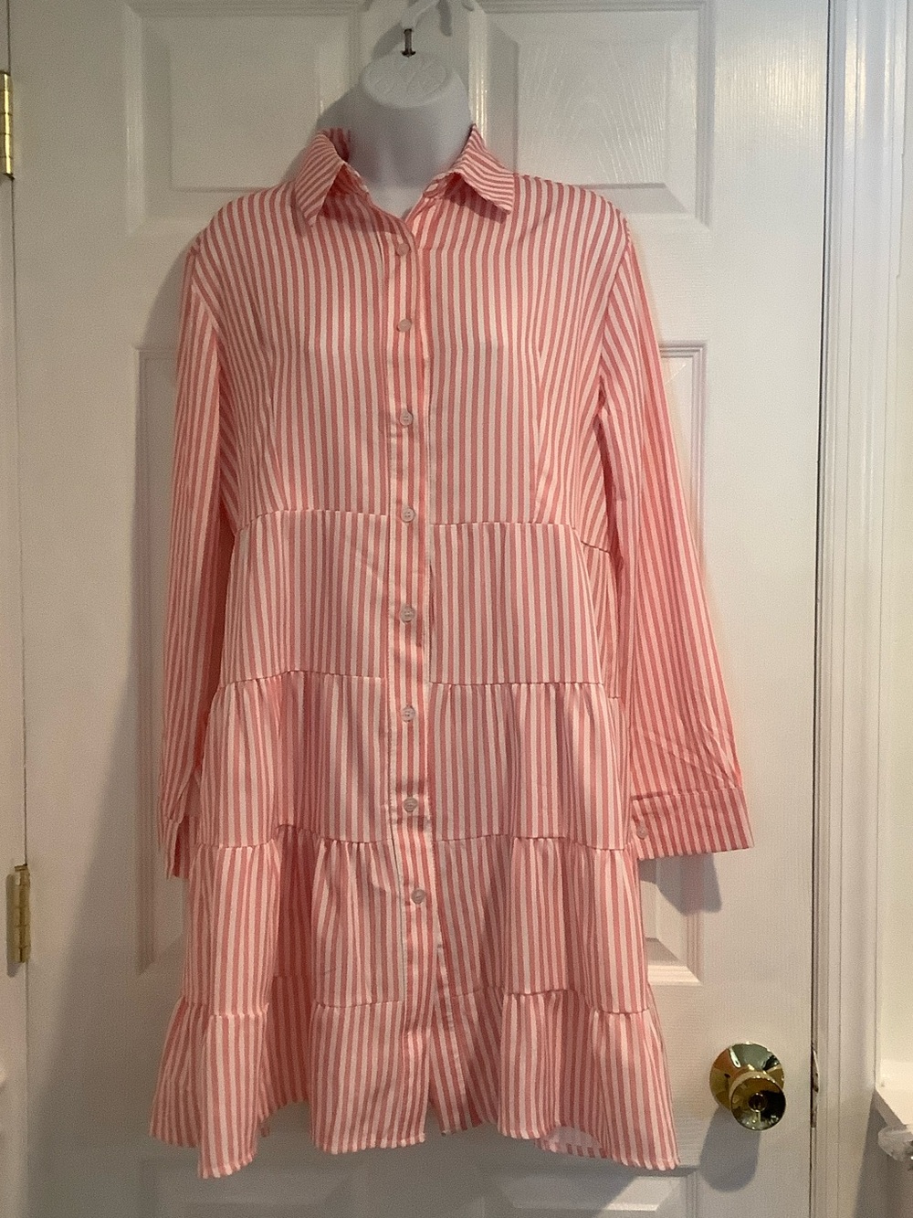 Pink/White Striped Oversized Coastal Grandma Preppy Button Down  Shirt Dress S